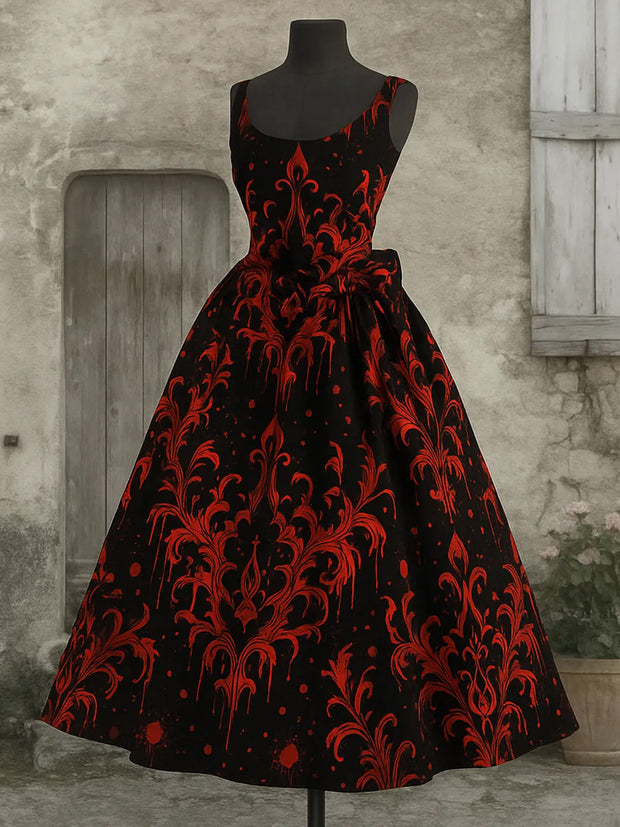 Retro Gothic Floral Art Print V-Neck Sleeveless Cotton Maxi Dress