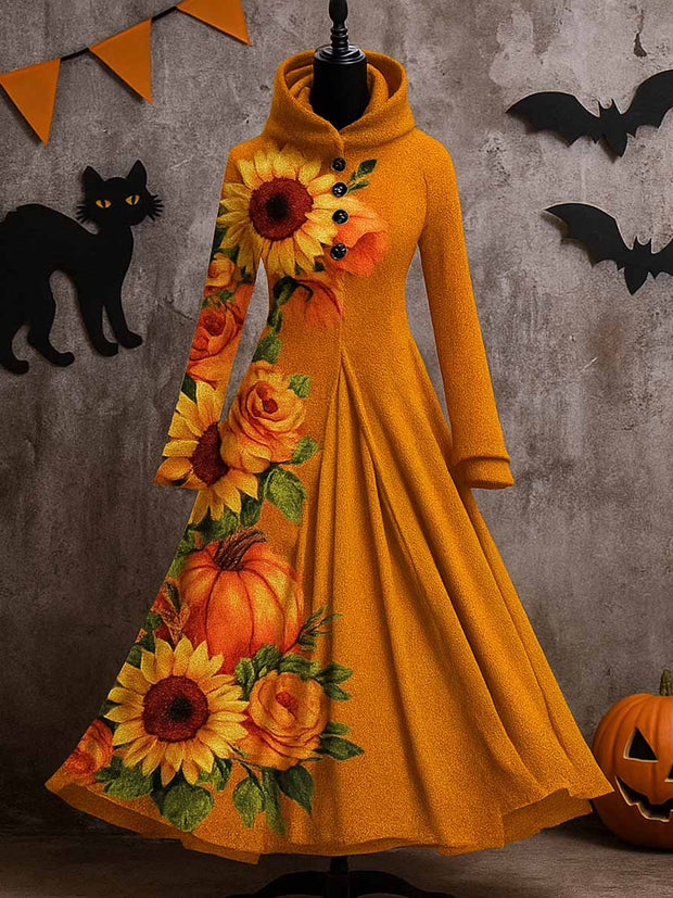 Gothic Floral Art Print Vintage Long Sleeve Hooded Maxi Dress