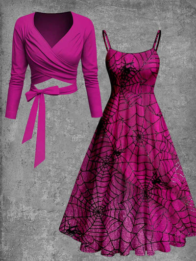 Gothic Spider Net Art Print Vintage Long Sleeve Two-Piece Midi Dress