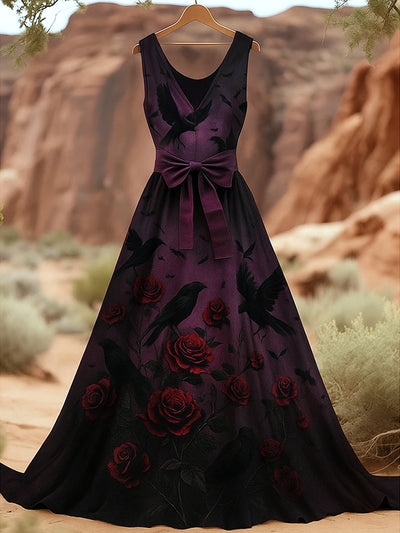 Retro Gothic Skull Floral Art Print V-Neck Sleeveless Cotton Maxi Dress