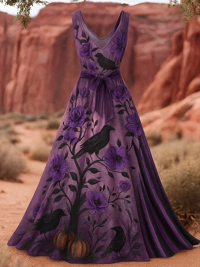 Retro Gothic Skull Floral Art Print V-Neck Sleeveless Cotton Maxi Dress