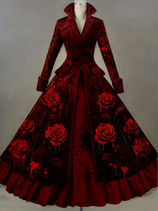 Retro Gothic Skull Floral Art Printed Vintage Lapel V-Neck Button Up Double Hem Long-Sleeved Midi Dress