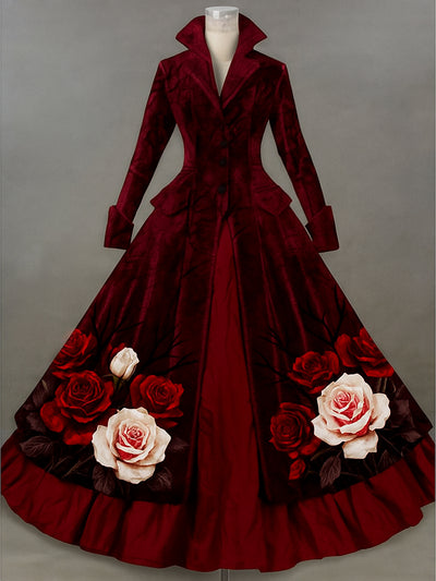 Retro Gothic Skull Floral Art Printed Vintage Lapel V-Neck Button Up Double Hem Long-Sleeved Midi Dress