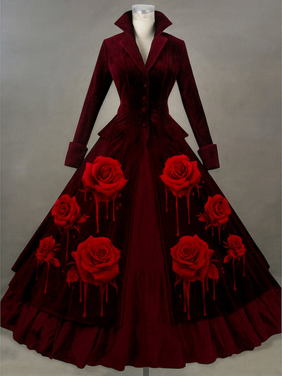 Retro Gothic Skull Floral Art Printed Vintage Lapel V-Neck Button Up Double Hem Long-Sleeved Midi Dress