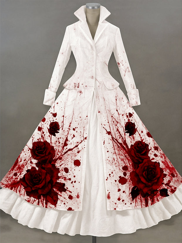Retro Gothic Skull Floral Art Printed Vintage Lapel V-Neck Button Up Double Hem Long-Sleeved Midi Dress