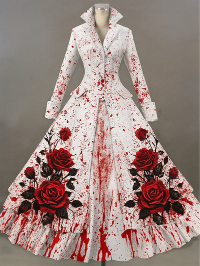 Retro Gothic Skull Floral Art Printed Vintage Lapel V-Neck Button Up Double Hem Long-Sleeved Midi Dress