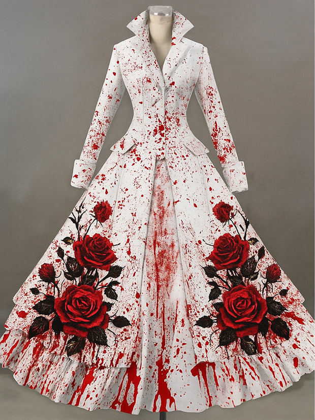 Retro Gothic Skull Floral Art Printed Vintage Lapel V-Neck Button Up Double Hem Long-Sleeved Midi Dress