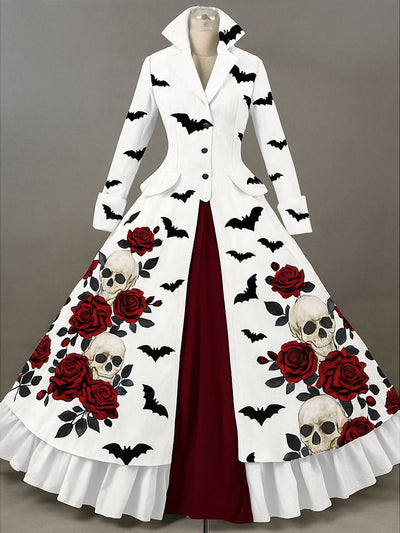 Retro Gothic Skull Floral Art Printed Vintage Lapel V-Neck Button Up Double Hem Long-Sleeved Midi Dress