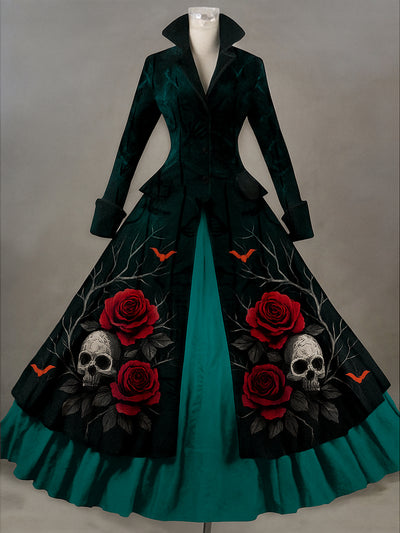 Retro Gothic Skull Floral Art Printed Vintage Lapel V-Neck Button Up Double Hem Long-Sleeved Midi Dress