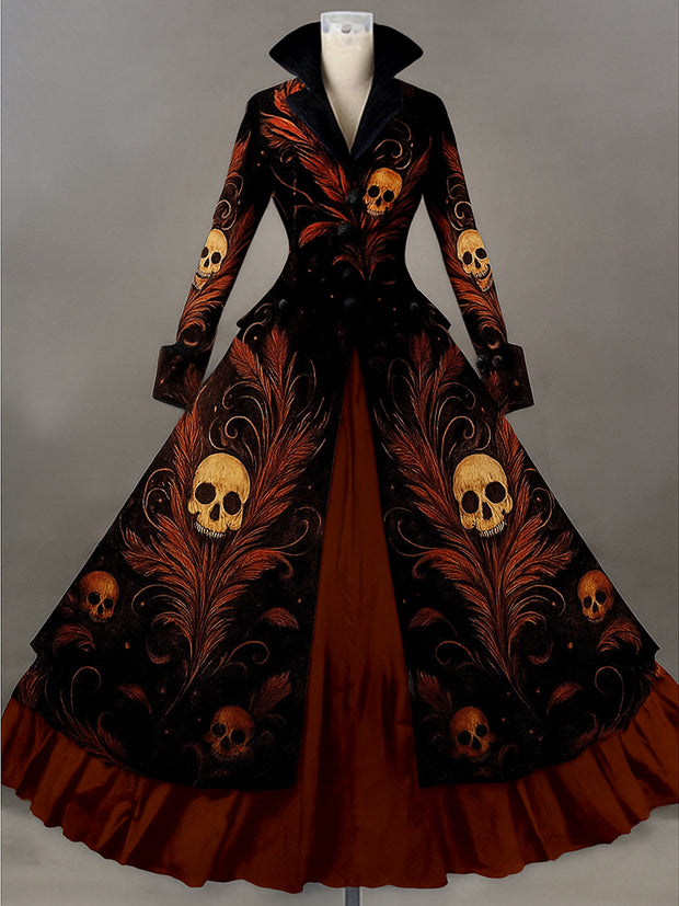Retro Gothic Skull Floral Art Printed Vintage Lapel V-Neck Button Up Double Hem Long-Sleeved Midi Dress