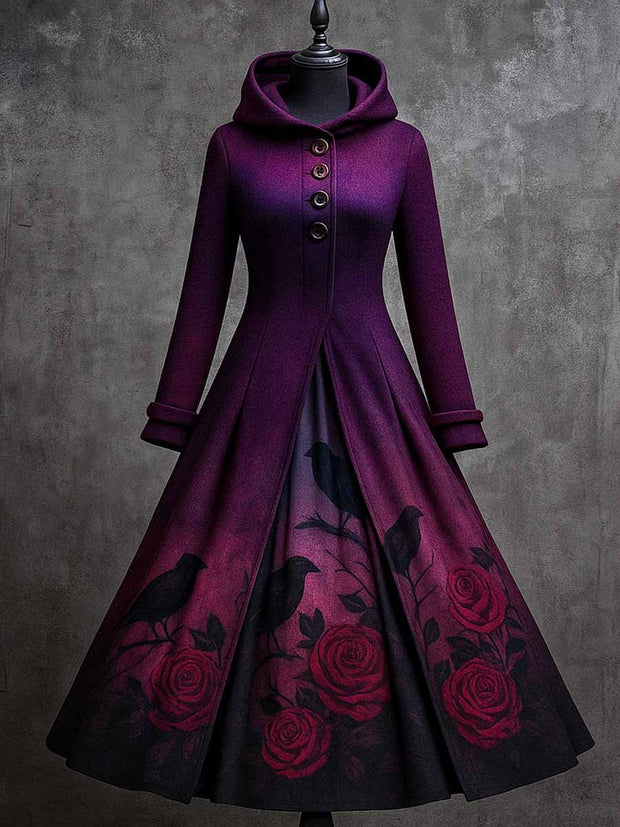Gothic Crow Floral Art Print Vintage Long Sleeve Hooded Maxi Dress