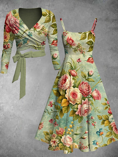 Retro Floral Art Printed Vintage Unique Slim Fit Cross Wrap Long Sleeve Two-Piece Midi Dress