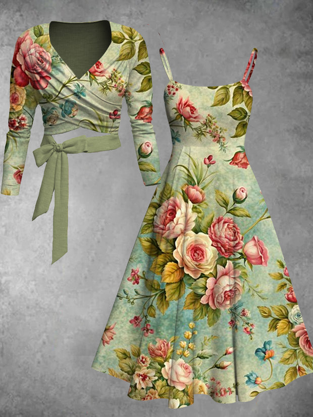 Retro Floral Art Printed Vintage Unique Slim Fit Cross Wrap Long Sleeve Two-Piece Midi Dress