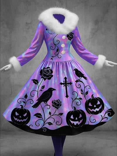 Gothic Raven Art Print Vintage Elegant Furry Fur Collar Long Sleeve Midi Dress