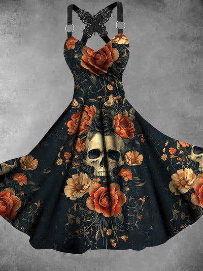 Retro Skull Floral Art Printed Vintage V-Neck Pleated Butterfly Cross-Wrap Midi Dress