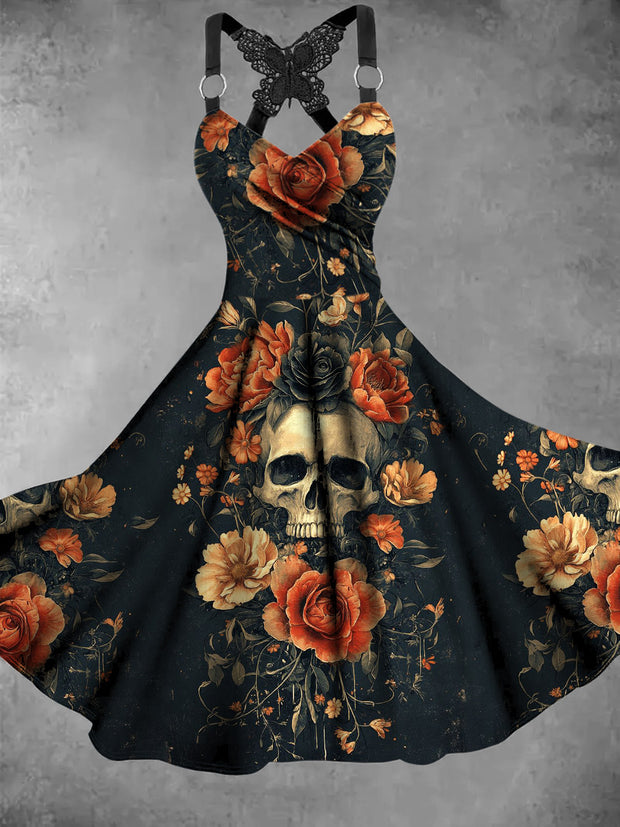 Retro Skull Floral Art Printed Vintage V-Neck Pleated Butterfly Cross-Wrap Midi Dress