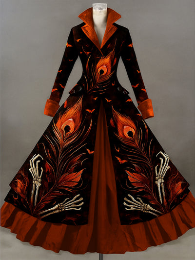 Retro Gothic Skull Floral Art Printed Vintage Lapel V-Neck Button Up Double Hem Long-Sleeved Midi Dress
