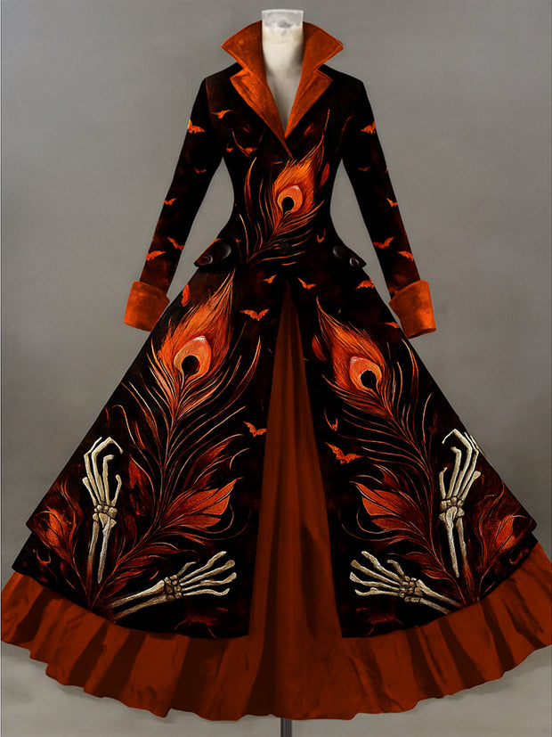 Retro Gothic Skull Floral Art Printed Vintage Lapel V-Neck Button Up Double Hem Long-Sleeved Midi Dress
