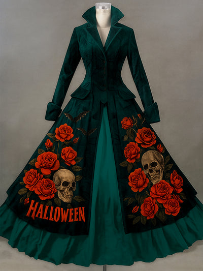 Retro Gothic Skull Floral Art Printed Vintage Lapel V-Neck Button Up Double Hem Long-Sleeved Midi Dress
