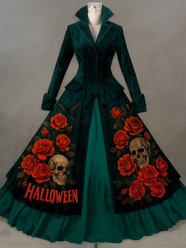 Retro Gothic Skull Floral Art Printed Vintage Lapel V-Neck Button Up Double Hem Long-Sleeved Midi Dress