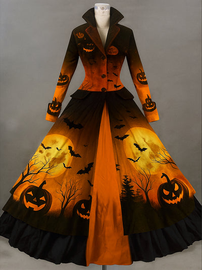 Retro Gothic Skull Floral Art Printed Vintage Lapel V-Neck Button Up Double Hem Long-Sleeved Midi Dress