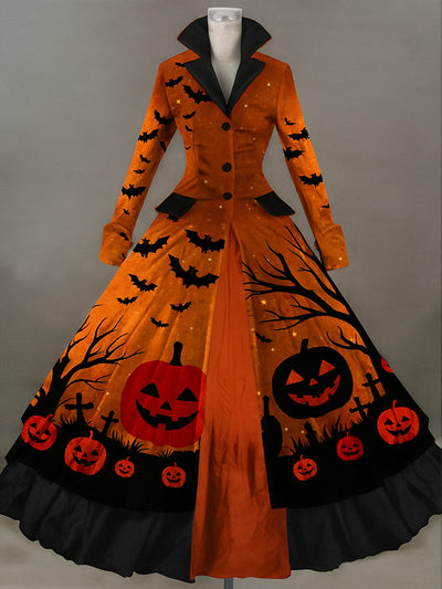 Retro Gothic Skull Floral Art Printed Vintage Lapel V-Neck Button Up Double Hem Long-Sleeved Midi Dress