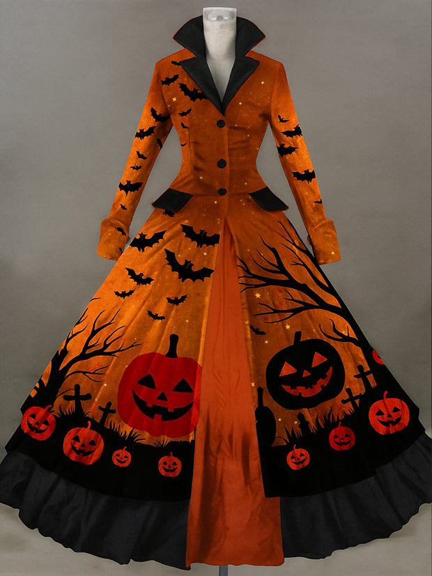 Retro Gothic Skull Floral Art Printed Vintage Lapel V-Neck Button Up Double Hem Long-Sleeved Midi Dress