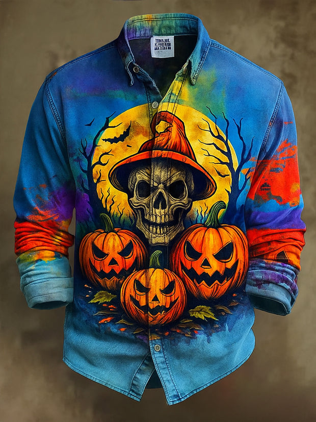 Retro Gothic Skull Halloween Art Abstract Printed Cotton Vintage Casual Cotton Long Sleeve Shirt
