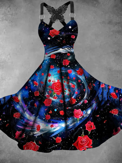 Retro Floral Art Printed Vintage V-Neck Pleated Butterfly Cross-Wrap Midi Dress