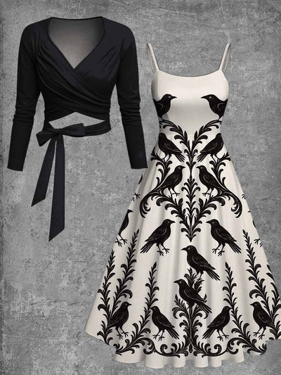 Gothic Raven Art Print Vintage Long Sleeve Two-Piece Midi Dress