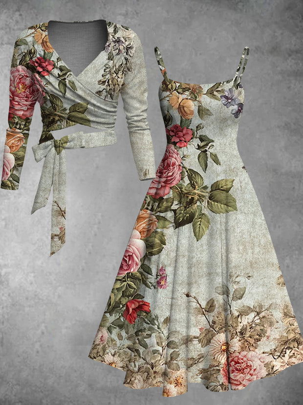 Retro Floral Art Printed Vintage Unique Slim Fit Cross Wrap Long Sleeve Two-Piece Midi Dress