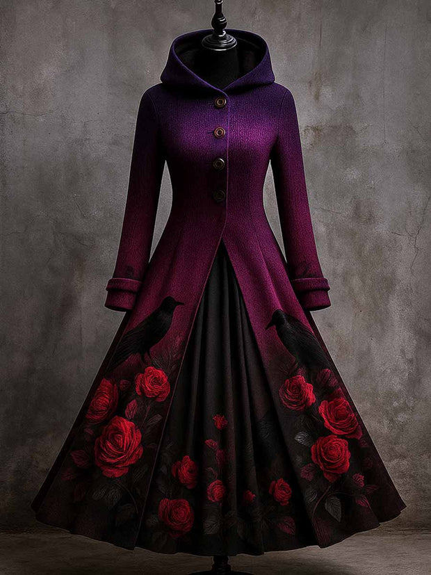 Gothic Floral Art Print Vintage Long Sleeve Hooded Maxi Dress