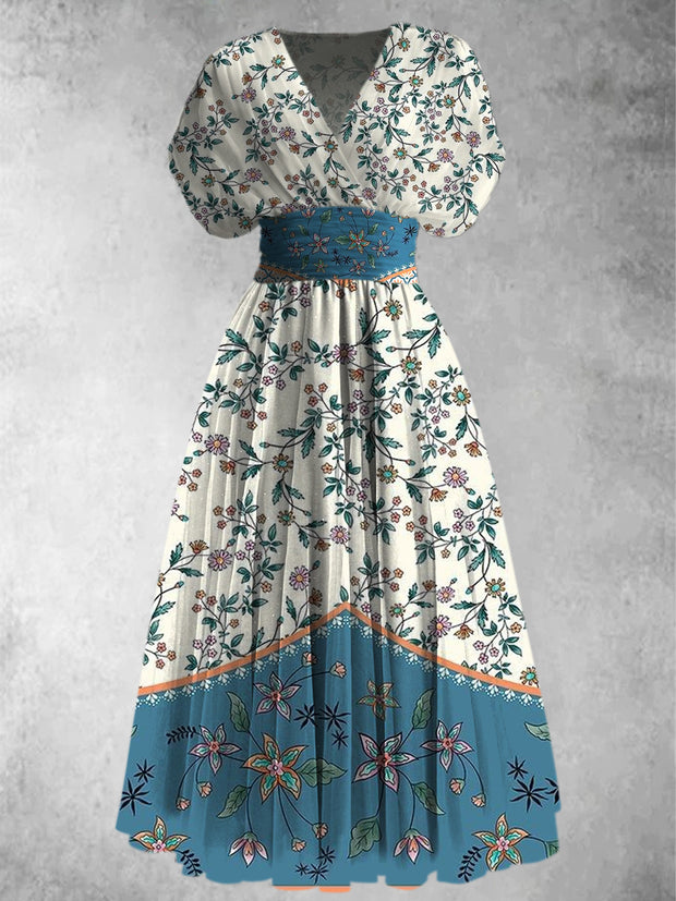 Retro Floral Art Printed Elegant V-Neck Vintage Short Sleeve Maxi Dress