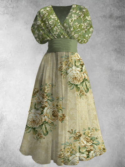 Retro Floral Art Printed Elegant V-Neck Vintage Short Sleeve Maxi Dress