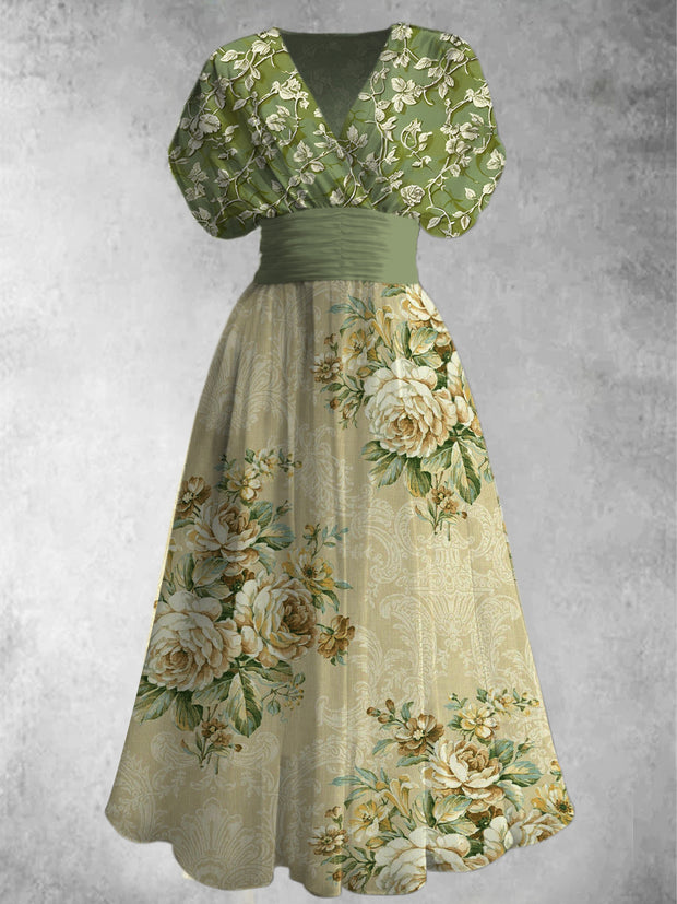 Retro Floral Art Printed Elegant V-Neck Vintage Short Sleeve Maxi Dress