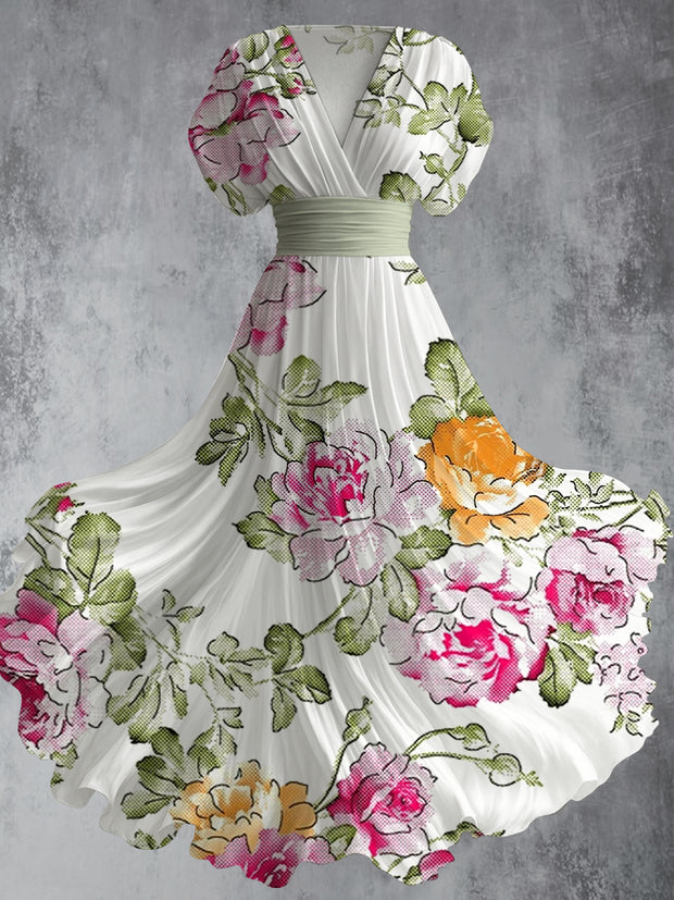Retro Floral Art Printed Elegant V-Neck Vintage Short Sleeve Maxi Dress