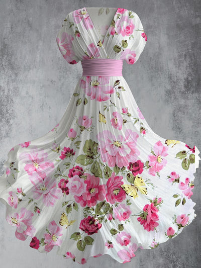 Retro Floral Art Printed Elegant V-Neck Vintage Short Sleeve Maxi Dress