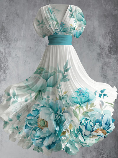 Retro Floral Art Printed Elegant V-Neck Vintage Short Sleeve Maxi Dress