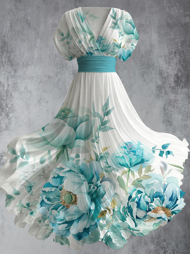 Retro Floral Art Printed Elegant V-Neck Vintage Short Sleeve Maxi Dress