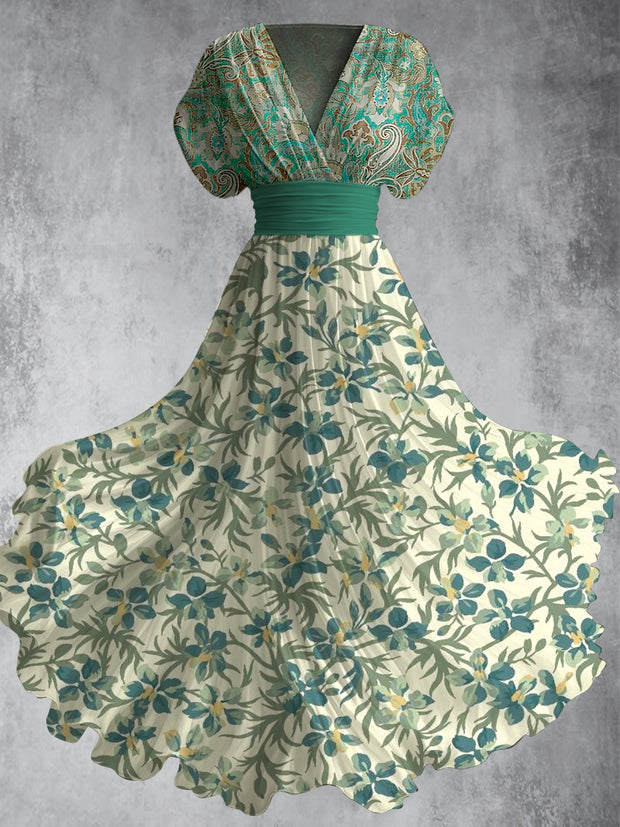 Retro Floral Art Printed Elegant V-Neck Vintage Short Sleeve Maxi Dress