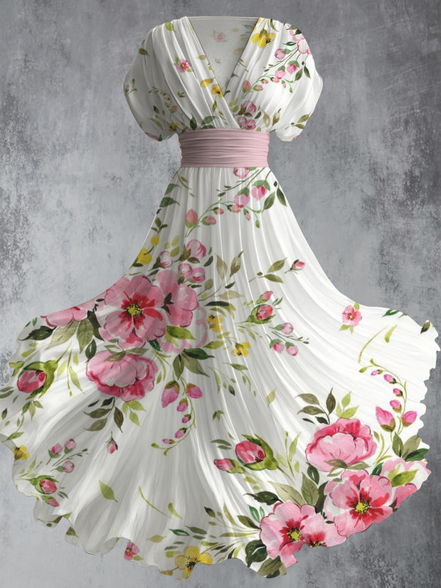 Retro Floral Art Printed Elegant V-Neck Vintage Short Sleeve Maxi Dress