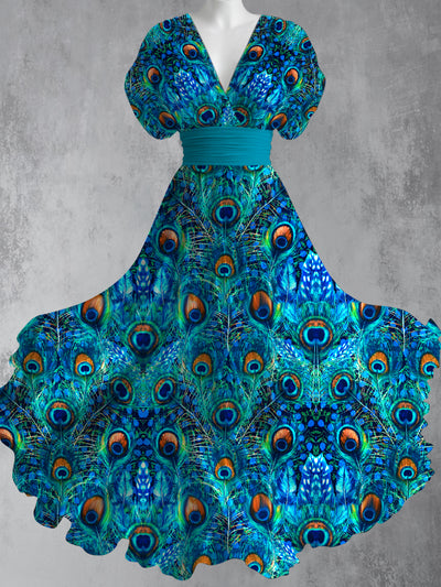 Retro Floral Art Printed Elegant V-Neck Vintage Short Sleeve Maxi Dress