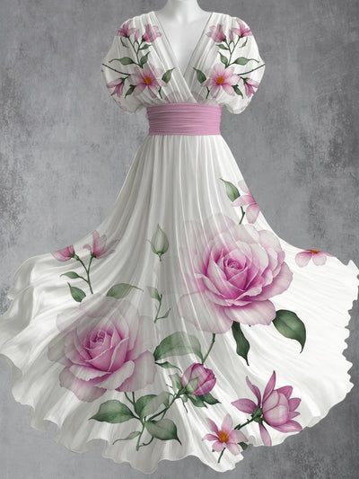 Retro Floral Art Printed Elegant V-Neck Vintage Short Sleeve Maxi Dress