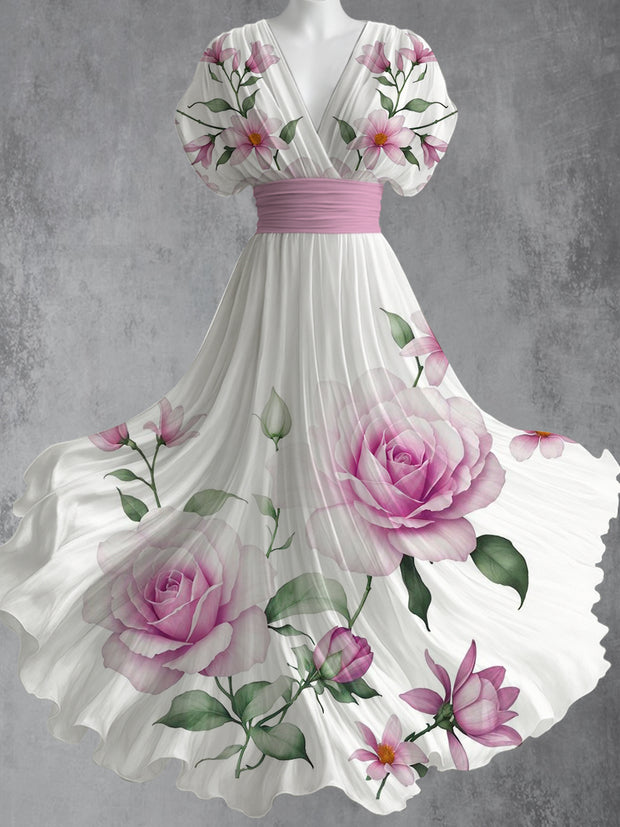 Retro Floral Art Printed Elegant V-Neck Vintage Short Sleeve Maxi Dress