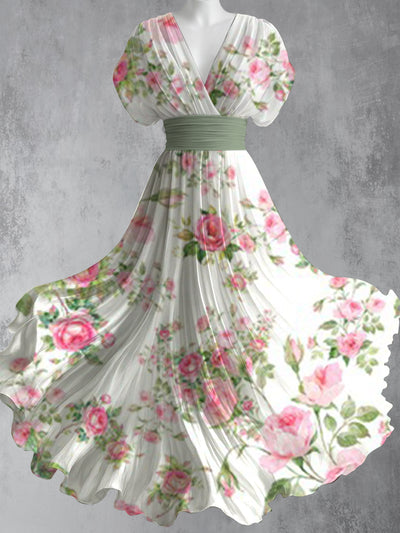 Retro Floral Art Printed Elegant V-Neck Vintage Short Sleeve Maxi Dress
