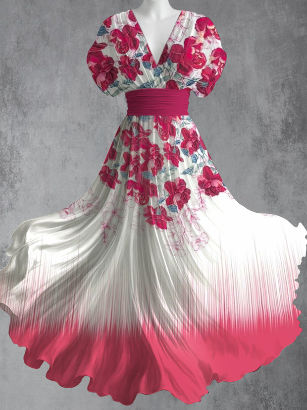 Retro Floral Art Printed Elegant V-Neck Vintage Short Sleeve Maxi Dress