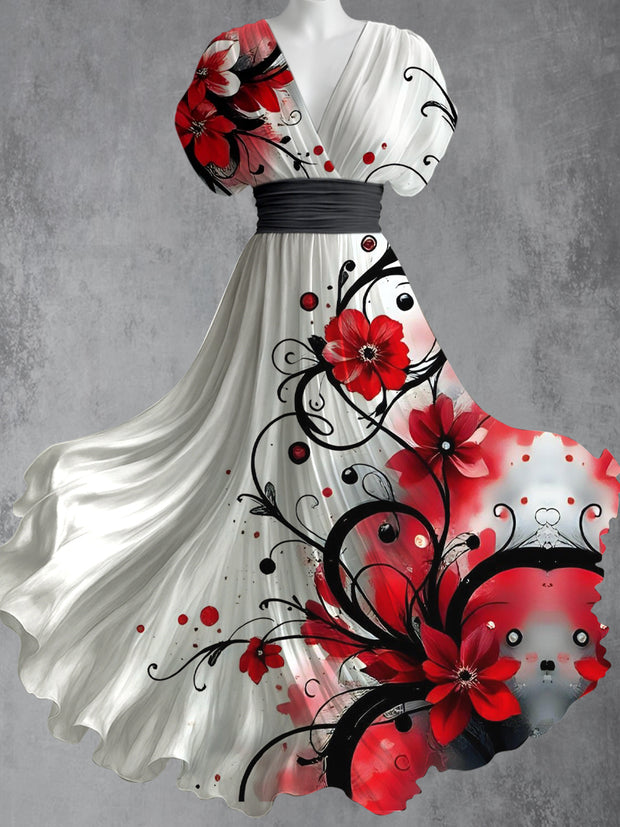 Retro Floral Art Printed Elegant V-Neck Vintage Short Sleeve Maxi Dress