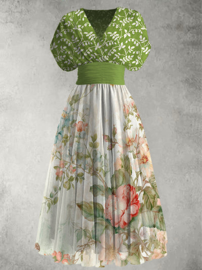 Retro Floral Art Printed Elegant V-Neck Vintage Short Sleeve Maxi Dress