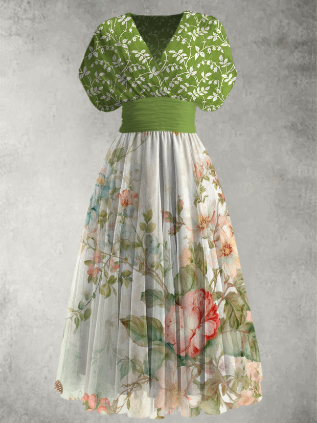 Retro Floral Art Printed Elegant V-Neck Vintage Short Sleeve Maxi Dress