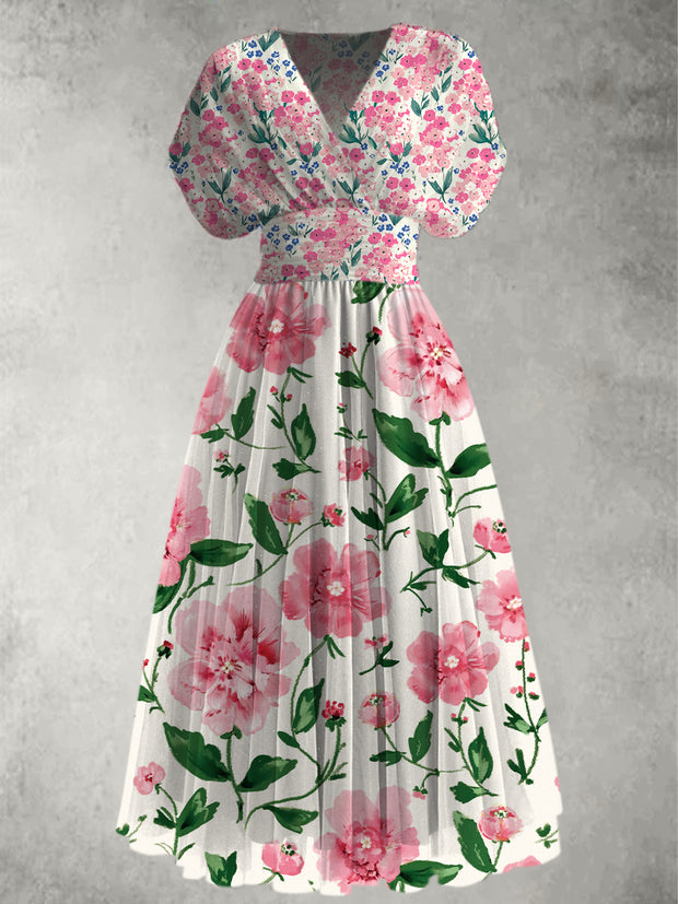 Retro Floral Art Printed Elegant V-Neck Vintage Short Sleeve Maxi Dress